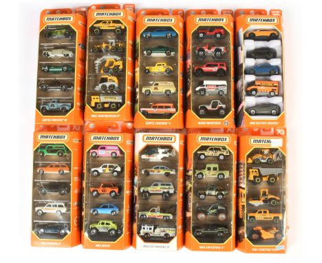 Matchbox Superfast 5 Car Packs, a boxed group. Includes&nbsp;MBX Retro, MBX Construction, MBX Electric Drivers and others sim