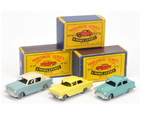 Matchbox Regular Wheels group of Cars (1) 36a Austin A50 Saloon - light turquoise, silver trim, metal wheels with flat crimpe