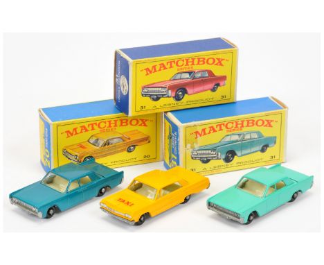 Matchbox Regular Wheels group of American Cars. (1) 20c Chevrolet Impala Taxi - orange yellow body with hood decal, ivory int