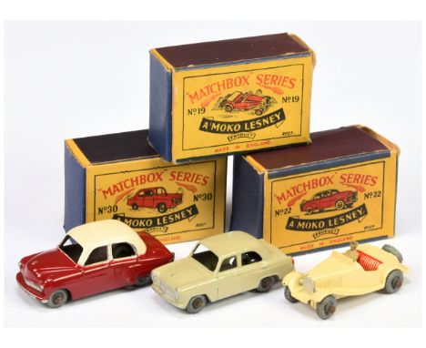 Matchbox Regular Wheels group of early Cars (1) 19a MG Midget TD - cream body (2) 30a Ford Prefect - fawn body, metal wheels 