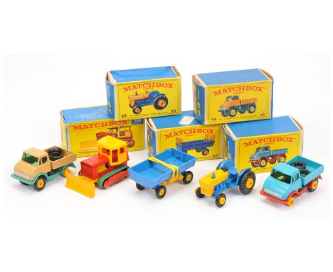 Matchbox Regular Wheels group of mostly Farm Vehicles - Including (1) 16d Case Bulldozer with lemon yellow blade &amp; base, 