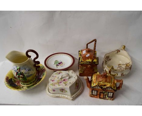 PRICE KENSINGTON COTTAGE WARE TEA POT, BISCUIT BARREL, CHEESE DISH, CROWN DEVON MUSICAL JUG, VICTORIAN TAZZA ETC