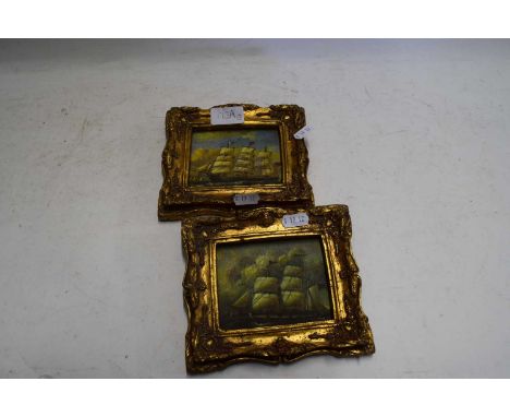 PAIR OF 20TH CENTURY OLEOGRAPH STUDIES OF TALL SHIPS, SET IN GILT FRAMES