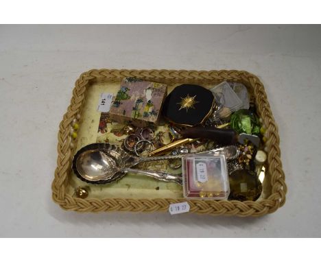 TRAY VARIOUS COSTUME JEWELLERY, CUTLERY, POWDER COMPACT AND OTHER ITEMS