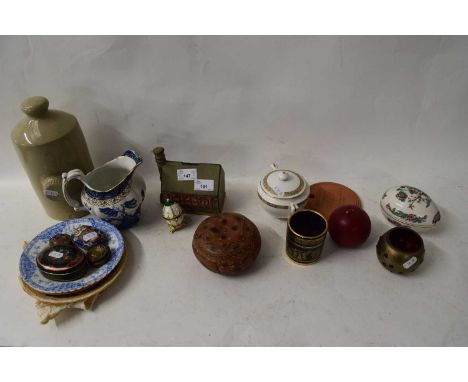 VARIOUS CERAMICS, SMALL ENAMEL PILL BOXES, STONEWARE HOT WATER BOTTLE ETC