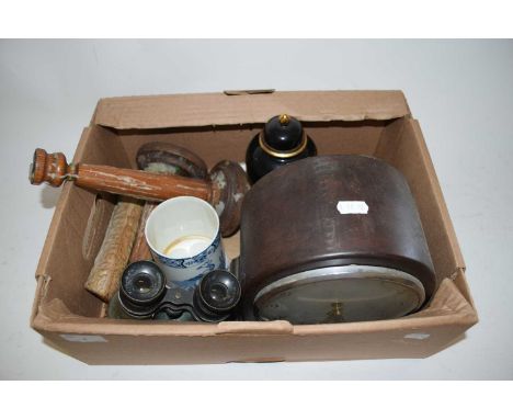 BOX OF MIXED ITEMS - DOME TOP MANTEL CLOCK, CANDLESTICKS, BINOCULARS ETC
