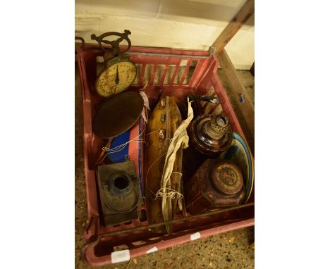 KITCHEN SCALES, POND YACHT, OIL LAMP BASE AND OTHER ITEMS
