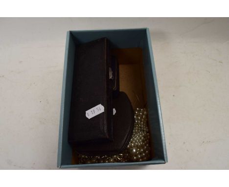 SILVER SPECTACLES CASE, VARIOUS STUDS, COSTUME JEWELLERY ETC AND A TRAVELLING CLOCK