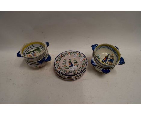 COLLECTION OF QUIMPER DOUBLE HANDLED BOWLS AND PLATES