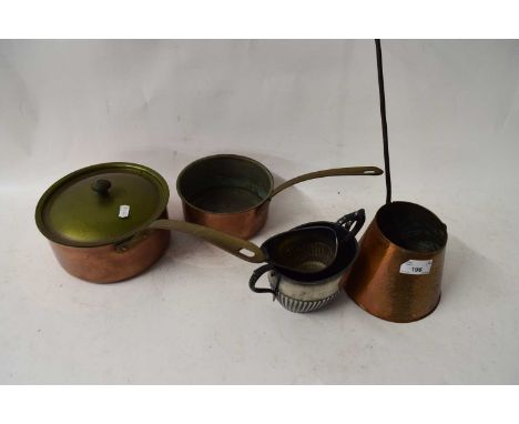 VINTAGE COPPER SAUCEPAN, CIDER MEASURE AND SILVER PLATED SUGAR BASIN AND MILK JUG (5)