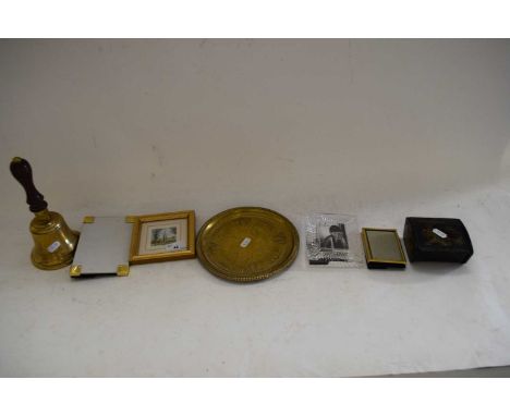 BRASS BELL, VARIOUS SMALL PICTURE FRAMES, ORIENTAL STYLE TRINKET BOX