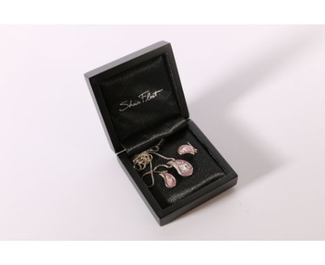 Contemporary silver and enamel pendant in the form of a boteh, makers mark SD, on box link chain and a pair of earrings en su