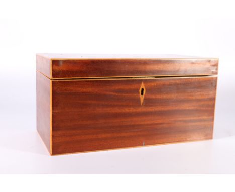 Late Victorian Sheraton revival mahogany and inlaid tea caddy with twin division and mixing bowl interior, 31cm long 