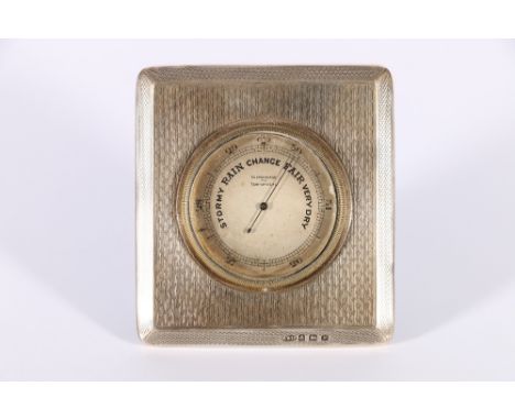 George V Art Deco style easel barometer with engine turned silver case by&nbsp;A Buckley Ltd, Birmingham 1923, 9cm tall&nbsp;