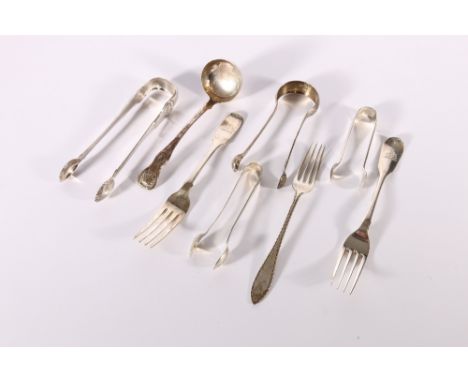 A collection of miscellaneous silver flatware including a pair of Scottish Victorian silver sugar tongs by WC, Glasgow 1876, 