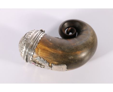 19th century Scottish silver metal mounted snuff mull, the hinged cover set with central faceted round citrine and repousse b