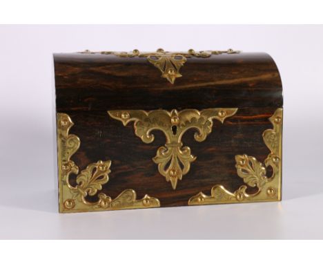 19th century coromandel or calamander dome topped tea caddy with applied brass ornamentation and velvet lined interior, 23cm 