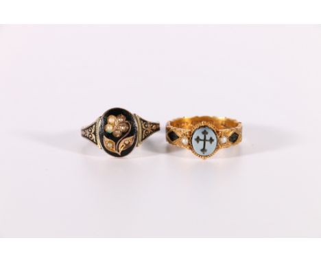 15ct gold ring set with intaglio seal ring by H&S, size N, 2g and a 9ct gold and black enamel mourning ring, size O, 2.1g, (2