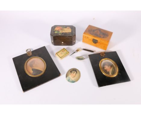 Mauchline transfer printed ware box with vignette of Alloway Kirk, a sting box with rose vignette, three portrait miniatures,