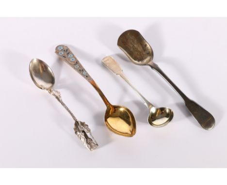 Russian 875 grade silver gilt and enamelled spoon, George IV silver caddy spoon or cheese spade of fiddle pattern by James Mc