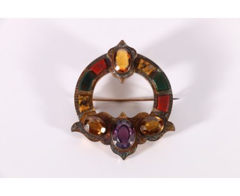 Victorian gilded metal plaid brooch set with Scottish pebble agate, Cairngorm citrine and faceted amethyst, inscribed verso "