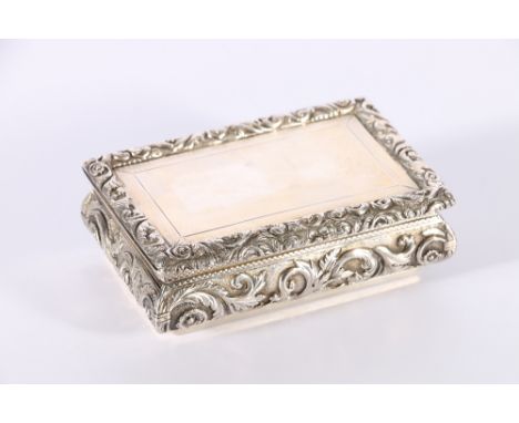 William IV silver box, the hinge top with scrolling foliate border and engine turned band, gilded interior, the body with rep