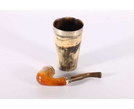 Victorian silver mounted horn beaker cup with glass bottom, the silver rim by Atkin Brothers, Sheffield, 13cm tall also a Vic