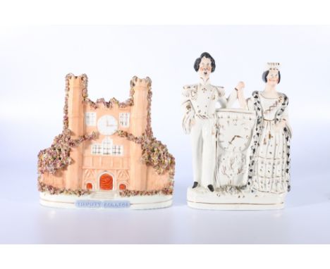 Staffordshire flatback Queen Victoria and Prince Albert Poor Man's Clock and a Staffordshire flatback spill vase depicting Tr