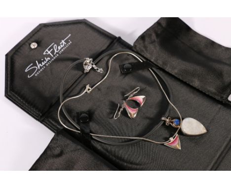 Silver and enamel pendant on chain and a pair or earrings en suite by maker SD and a silver pendant set with abalone shell an