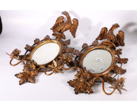 Pair of 19th century girandole wall mirrors with eagle surmount and twin branch candlestick arms, 59cm x 38cm&nbsp; 