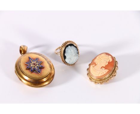 9ct gold cameo dress ring, ring size O, 4.58g, 9ct gold mounted cameo pendant brooch, 6.44g and a Victorian gilt metal, ename