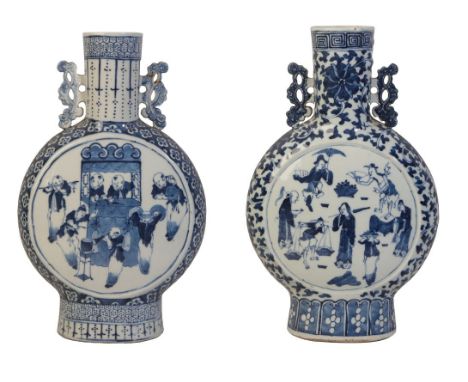 A CHINESE BLUE AND WHITE "MOON FLASK"in the 18th century style decorated with panels of figures, 37cm high; and another simil