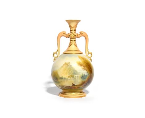 A Royal Worcester two-handled vase, date code for 1899, painted by Raymond Rushton with a fisherman beneath silver birch tree