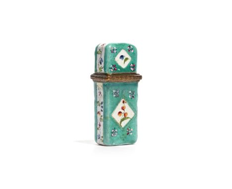 A South Staffordshire enamel scent bottle case, c.1770-80, the flattened rectangular form painted with small floral panels re