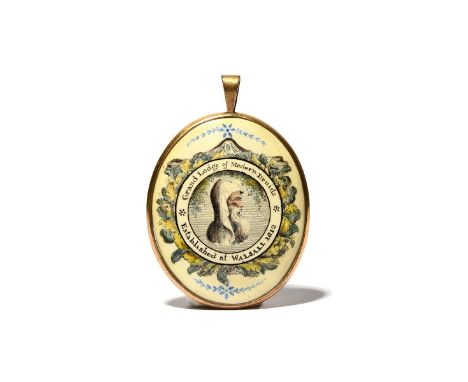 A Birmingham enamel plaque, 1st half 19th century, printed and hand-coloured with the profile portrait of a man with a long w