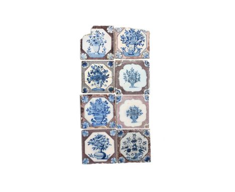 Eight delftware tiles, c.1725-50, London and Bristol, variously painted with octagonal and shaped panels of flowers in vases 