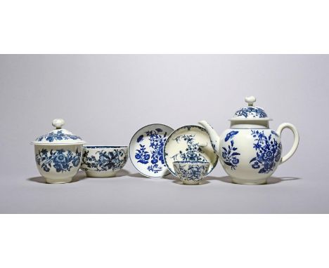 A small group of Worcester blue and white tea wares, c.1760-75, including a sucrier and cover, a saucer and a teapot printed 