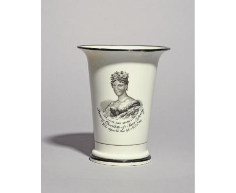 A pearlware vase, c.1817, the flared form printed in black with an inscribed and dated portrait of Princess Charlotte, the re