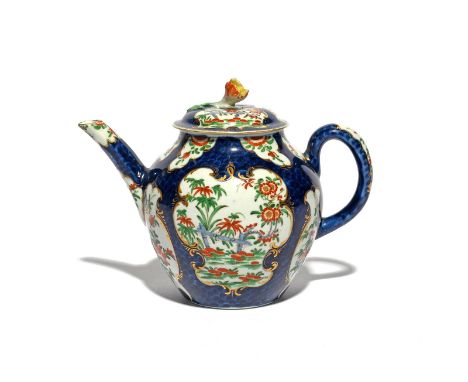 A Worcester teapot and cover, c.1765-75, painted in Kakiemon enamels with panels of flowering branches and banded hedges rese
