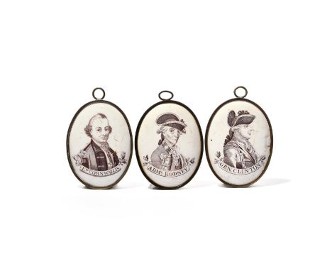 Three English enamel portrait plaques relating to the American Wars of Independence, c.1780, printed in manganese with likene