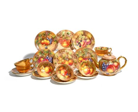 A Royal Worcester fruit-decorated part tea service, 20th century, painted with various scenes of apples, cherries, grapes, pl
