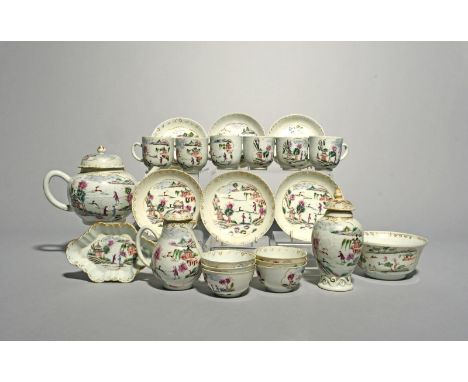 A composite European-decorated Chinese porcelain tea service, 18th century, originally with bianco-sopra-bianco decoration of