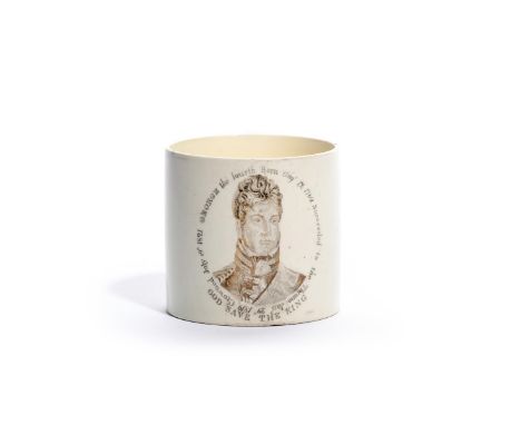 A rare commemorative creamware mug, dated 1821, celebrating the coronation of King George IV, printed in black with a portrai