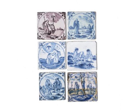 Six delftware Biblical tiles, c.1750-75, mostly London, painted in blue and manganese, four within circular panels, with scen