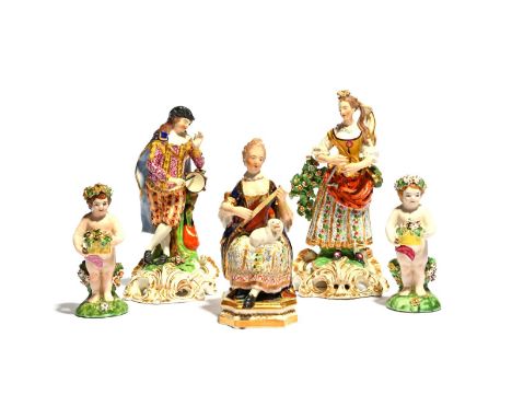 Five Derby figures, 1st half 19th century, including a pair of musicians raised on pierced and scrolled bases, a female lute 