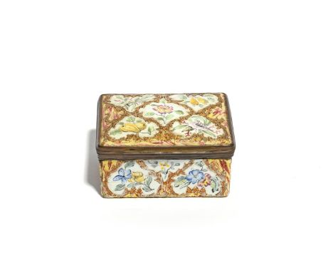 A French enamel silver-mounted snuff box, c.1765-75, decorated with a raised gilt design of hearts enclosing single flower or