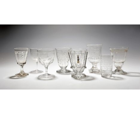 Eight various glasses, 19th century, one engraved with a gentleman in a top hat and a roundel dated 1841, a wine glass engrav