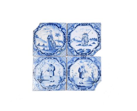 Four Liverpool delftware tiles, c.1750-75, painted in blue with octagonal panels containing figures in landscapes, within 'Lo