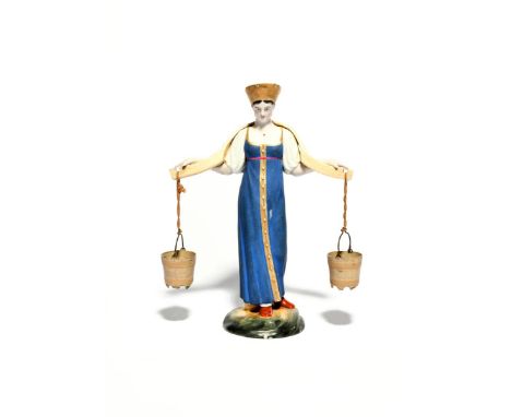 A Russian porcelain figure of a milkmaid, 19th century, Imperial Porcelain Manufactory, modelled by Stepan Pimenov, wearing a