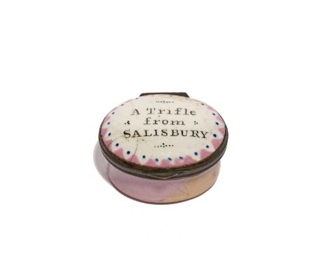 An English enamel patch box, late 18th century, the oval form inscribed to the top with 'A Trifle from Salisbury' within a pi